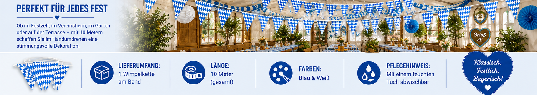 Blau-wei&szlig;e Wimpelgirlande als Dekoration f&uuml;r Festzelt, Garten und Vereinsfeier